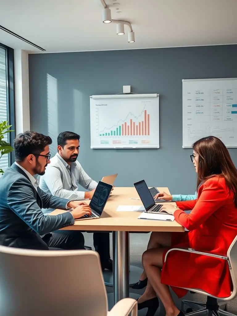 A diverse group of Mexican business professionals collaborating on financial strategies, emphasizing the importance of local market expertise.