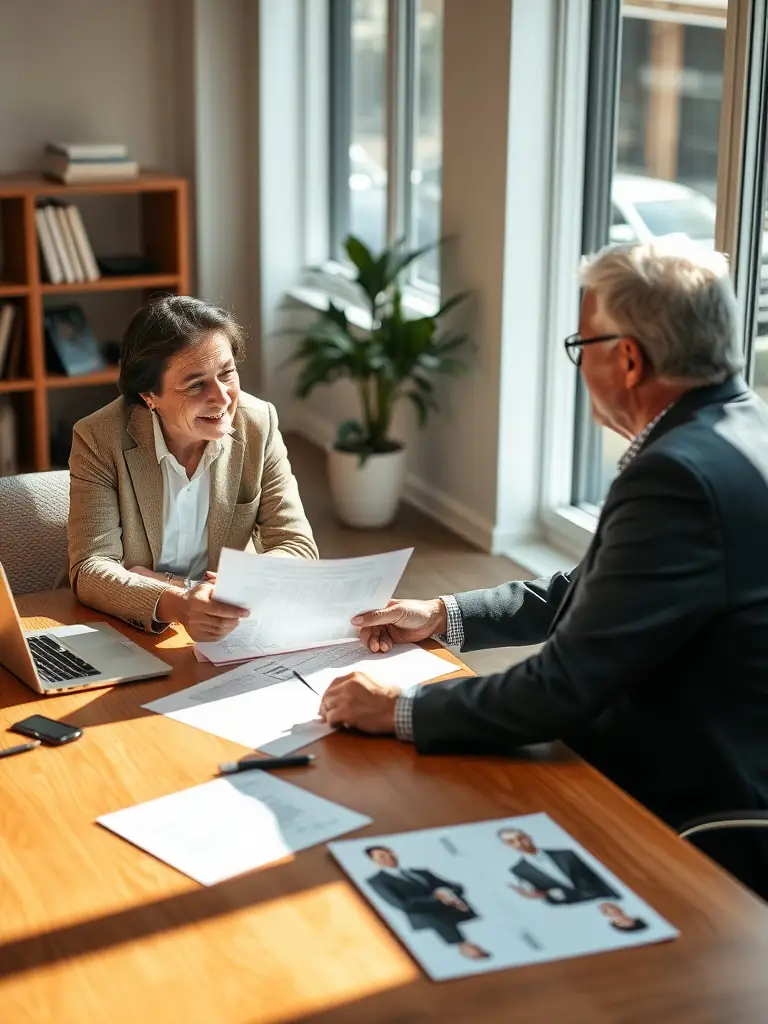 A professional meeting between a financial advisor and a client discussing estate planning documents, symbolizing wealth management services in Mexico.
