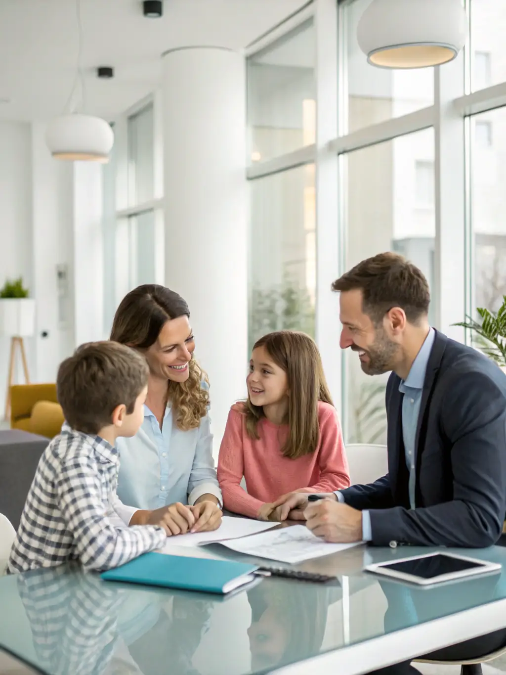 An image of a family reviewing financial documents with a consultant in a bright office, representing financial planning services in Mexico.