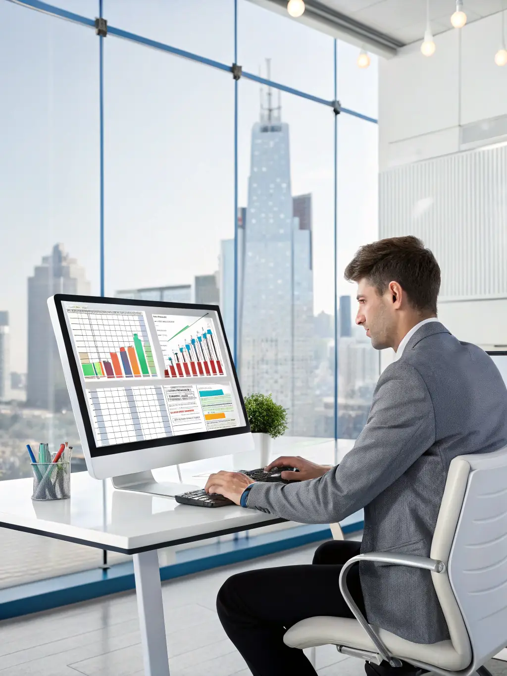 An image of a financial advisor analyzing market data on a computer screen with charts and graphs, representing investment strategies tailored for the Mexican market.