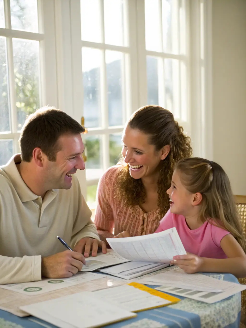 A family happily planning their future finances, emphasizing the importance of wealth management and financial security.